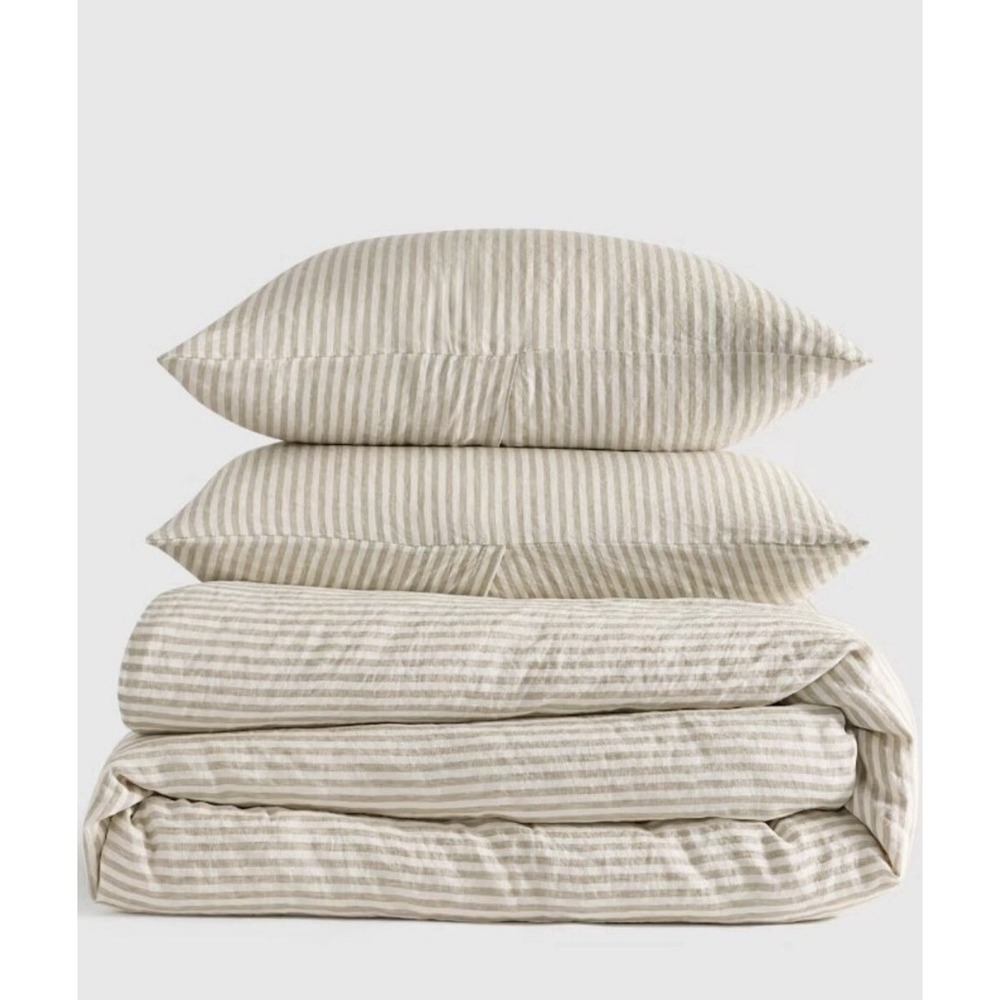 Quince European Linen Duvet Set Full/Queen Williowleaf White Stripe MSRP $204